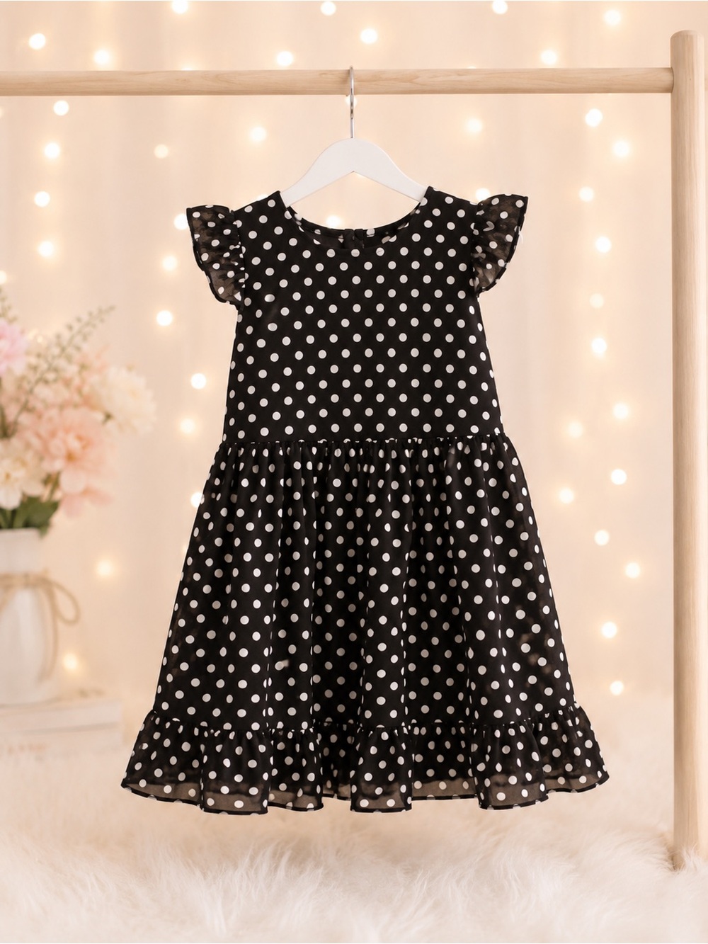 PatPat Black and White Polka Dot Flutter-Sleeve Dress